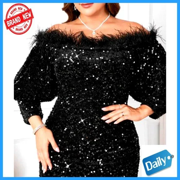 Sequin Off Shoulder Bodycon Midi Dress Formal Party Cocktail Evening Wear